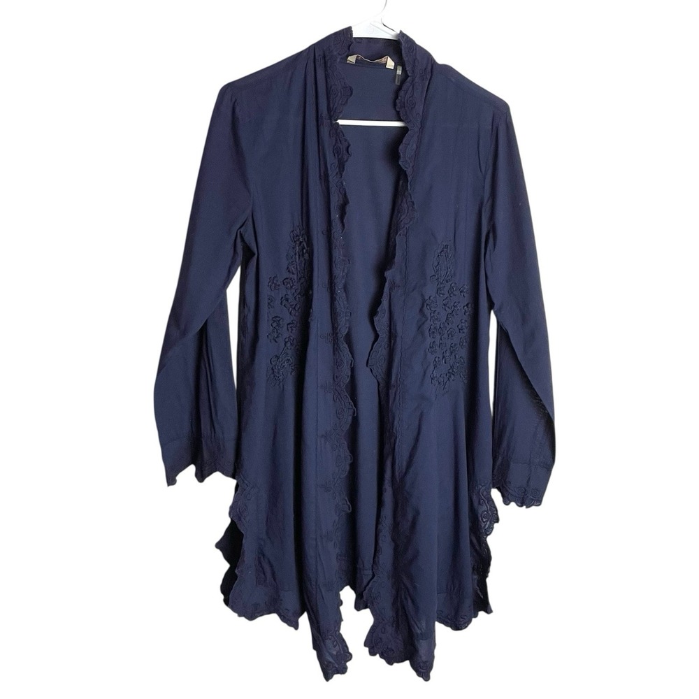 Soft Surroundings Boho Duster Kimono Cardigan Womens S‎ Navy Crewel Embroidered